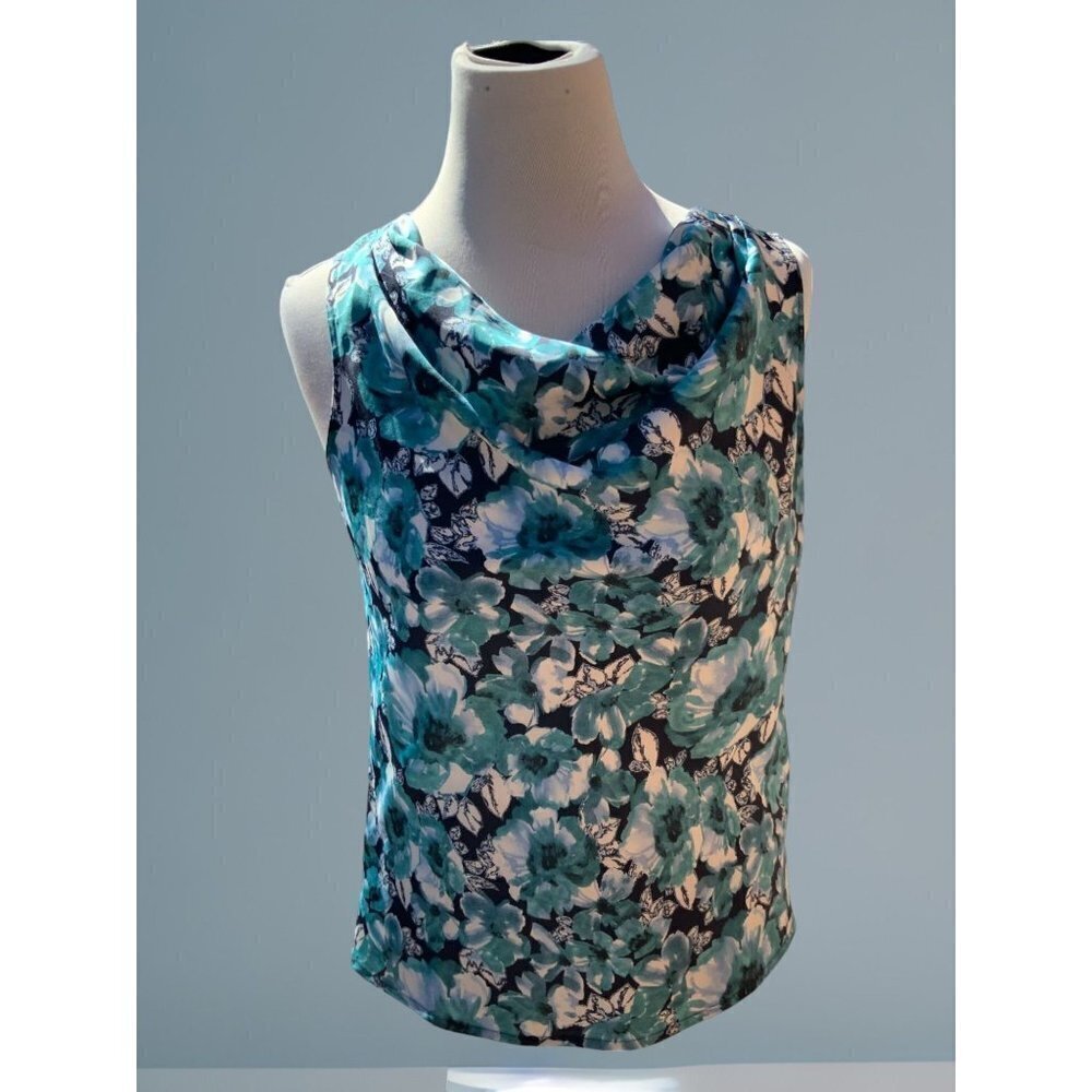 Ann Taylor Loft petite turquoise sleeveless cowl neck floral spandex blouse PS - Picture 6 of 10